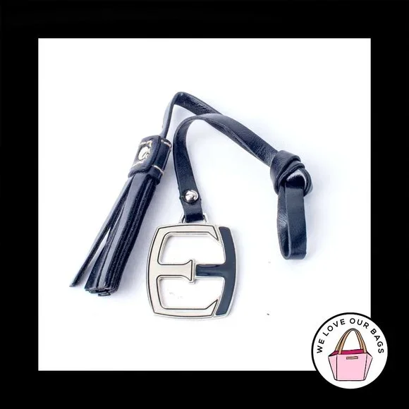 ELLEN TRACY Black Leather TASSEL Strap Nickel Fob Bag Charm Keychain Hang Tag - Picture 2 of 2